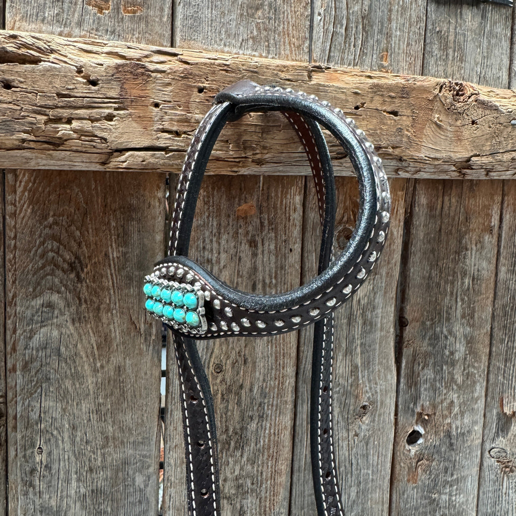 Dark Oil Silver Dot Antique Silver Turquoise Browband | One Ear Tack Set #BBBC500 — view 7