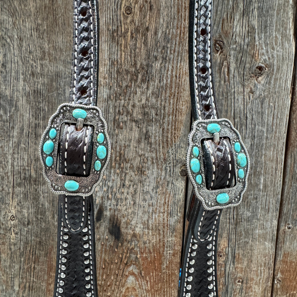 Dark Oil Silver Dot Antique Silver Turquoise Browband | One Ear Tack Set #BBBC500 — view 8