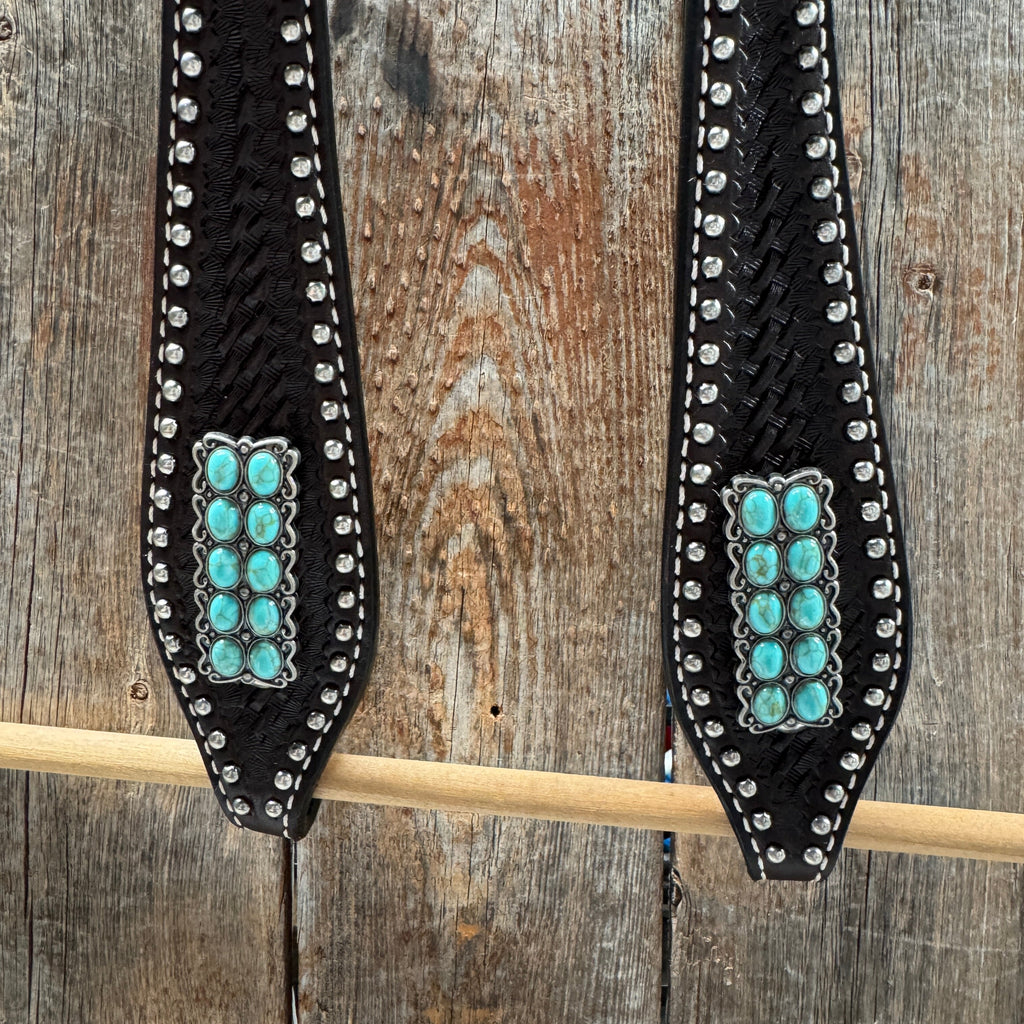 Dark Oil Silver Dot Antique Silver Turquoise Browband | One Ear Tack Set #BBBC500 — view 9