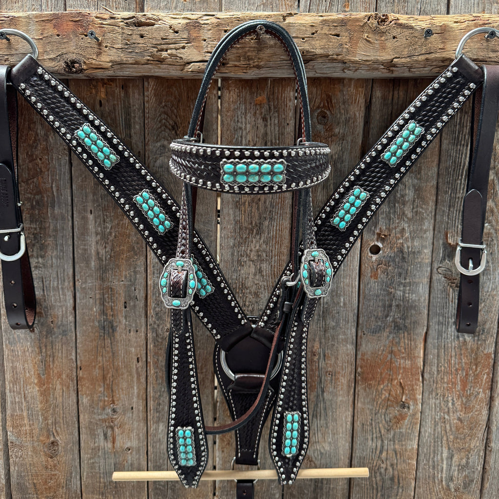 Dark Oil Silver Dot Antique Silver Turquoise Browband | One Ear Tack Set #BBBC500