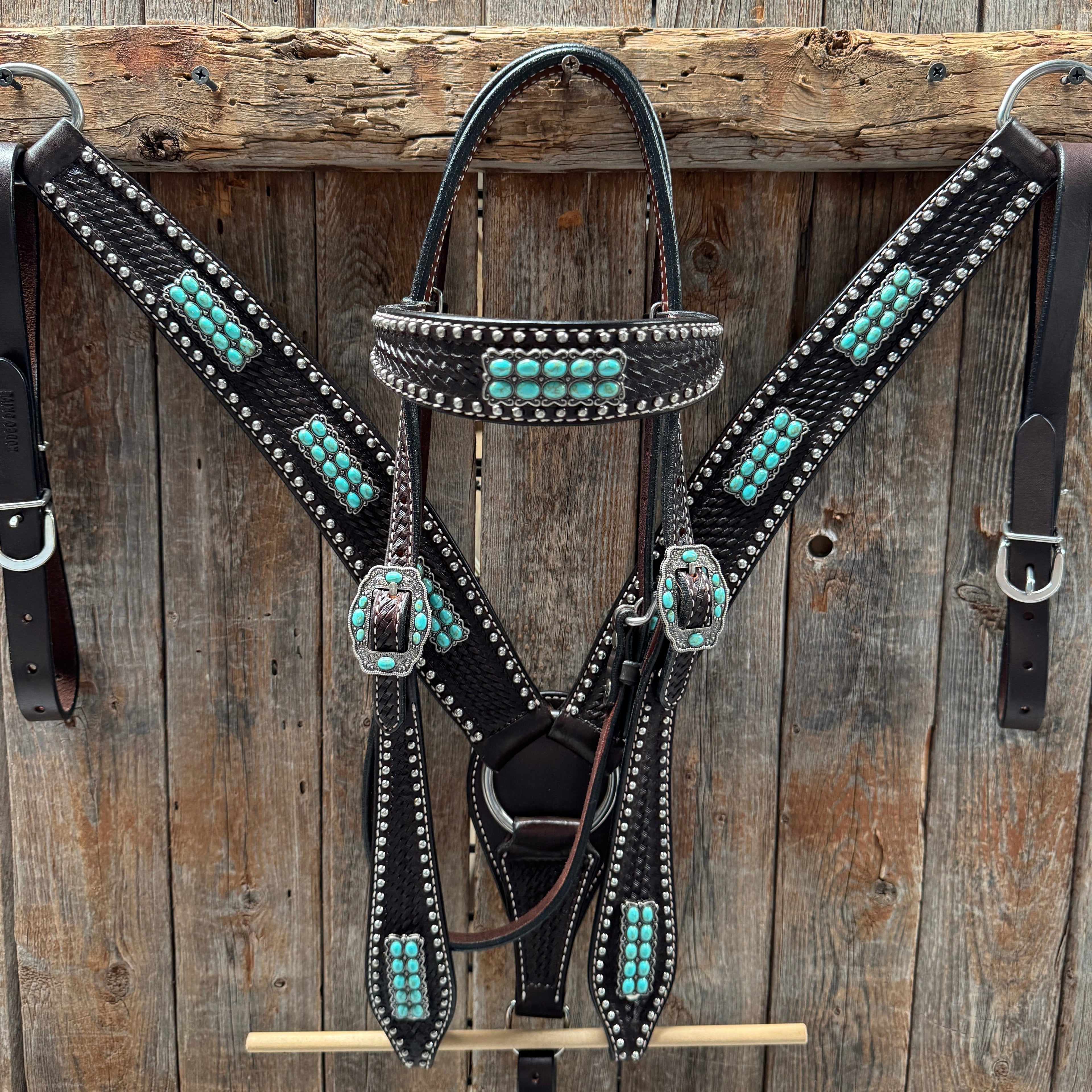 Dark Oil Silver Dot Antique Silver Turquoise Browband | One Ear Tack Set #BBBC500