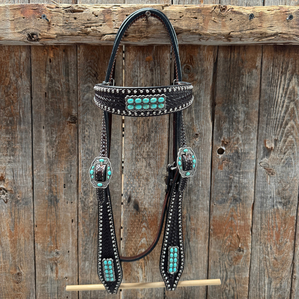 Dark Oil Silver Dot Antique Silver Turquoise Browband | One Ear Tack Set #BBBC500 — view 3