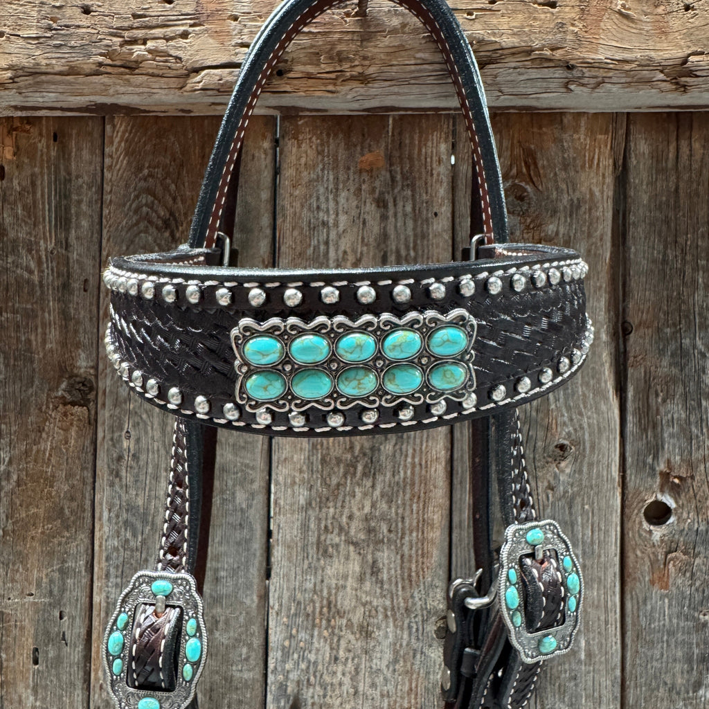 Dark Oil Silver Dot Antique Silver Turquoise Browband | One Ear Tack Set #BBBC500 — view 6