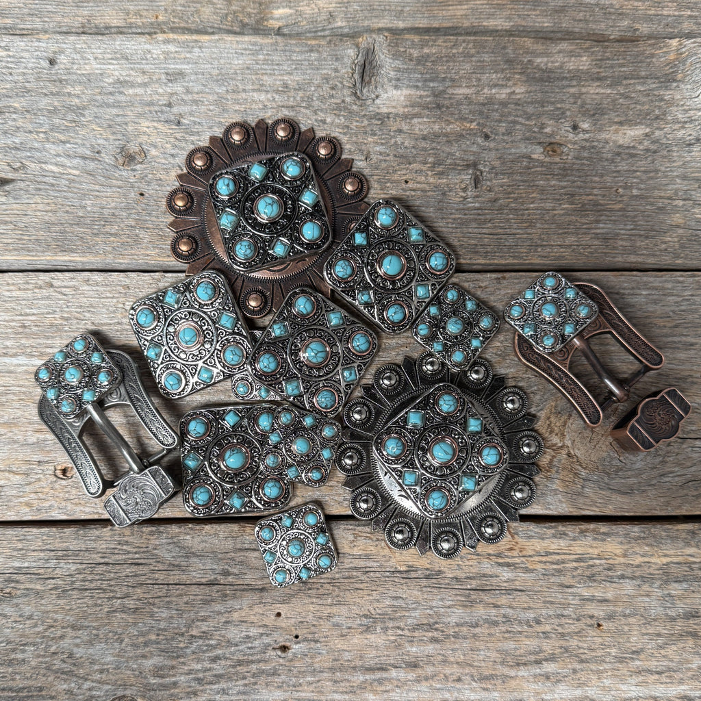 Antique Silver and Copper Square Turquoise Western Conchos W243