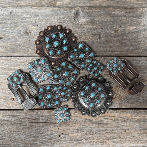 Antique Silver and Copper Square Turquoise Western Conchos W243