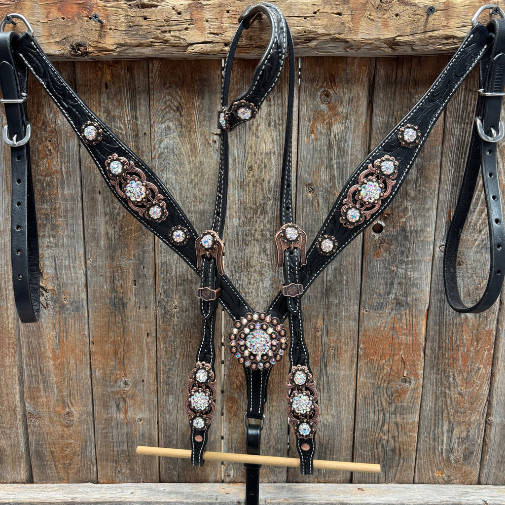 Black Floral AB Browband | One Ear Tack Set #BBBC501 — view 2