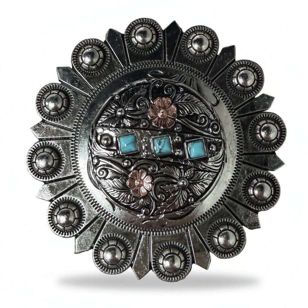 Antique Silver and Copper Turquoise Floral Western Conchos W245 — view 5