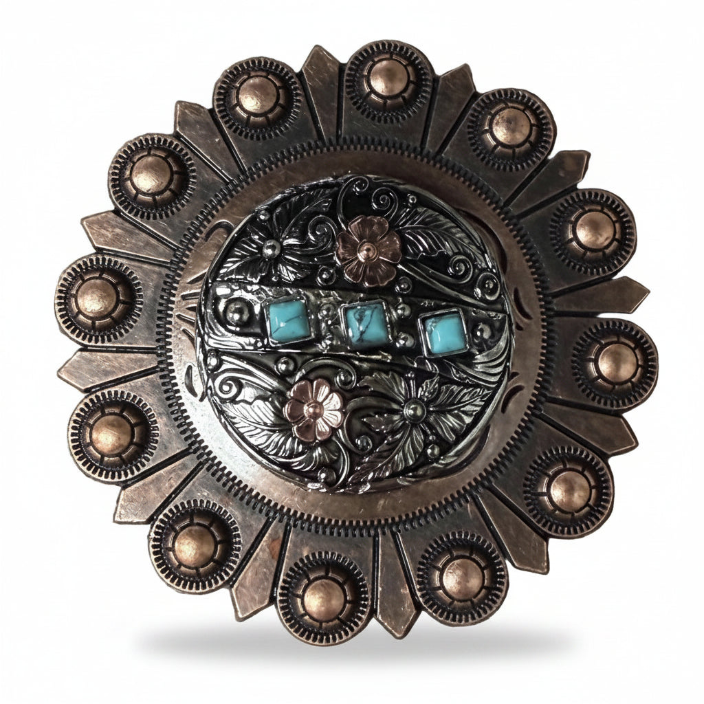 Antique Silver and Copper Turquoise Floral Western Conchos W245 — view 4