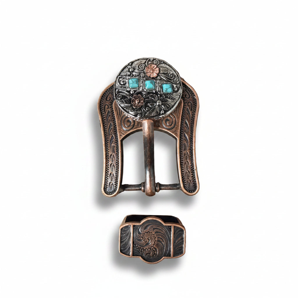 Antique Silver and Copper Turquoise Floral Western Conchos W245 — view 6