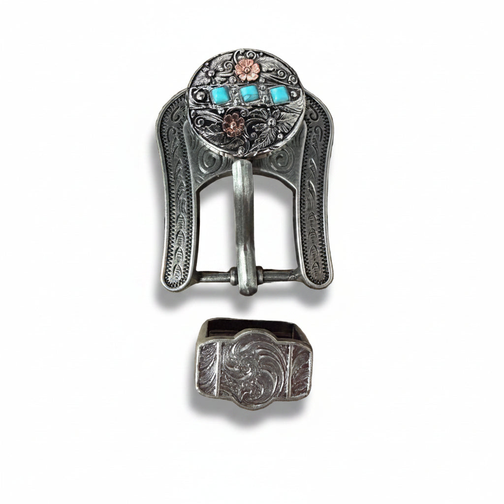 Antique Silver and Copper Turquoise Floral Western Conchos W245 — view 7