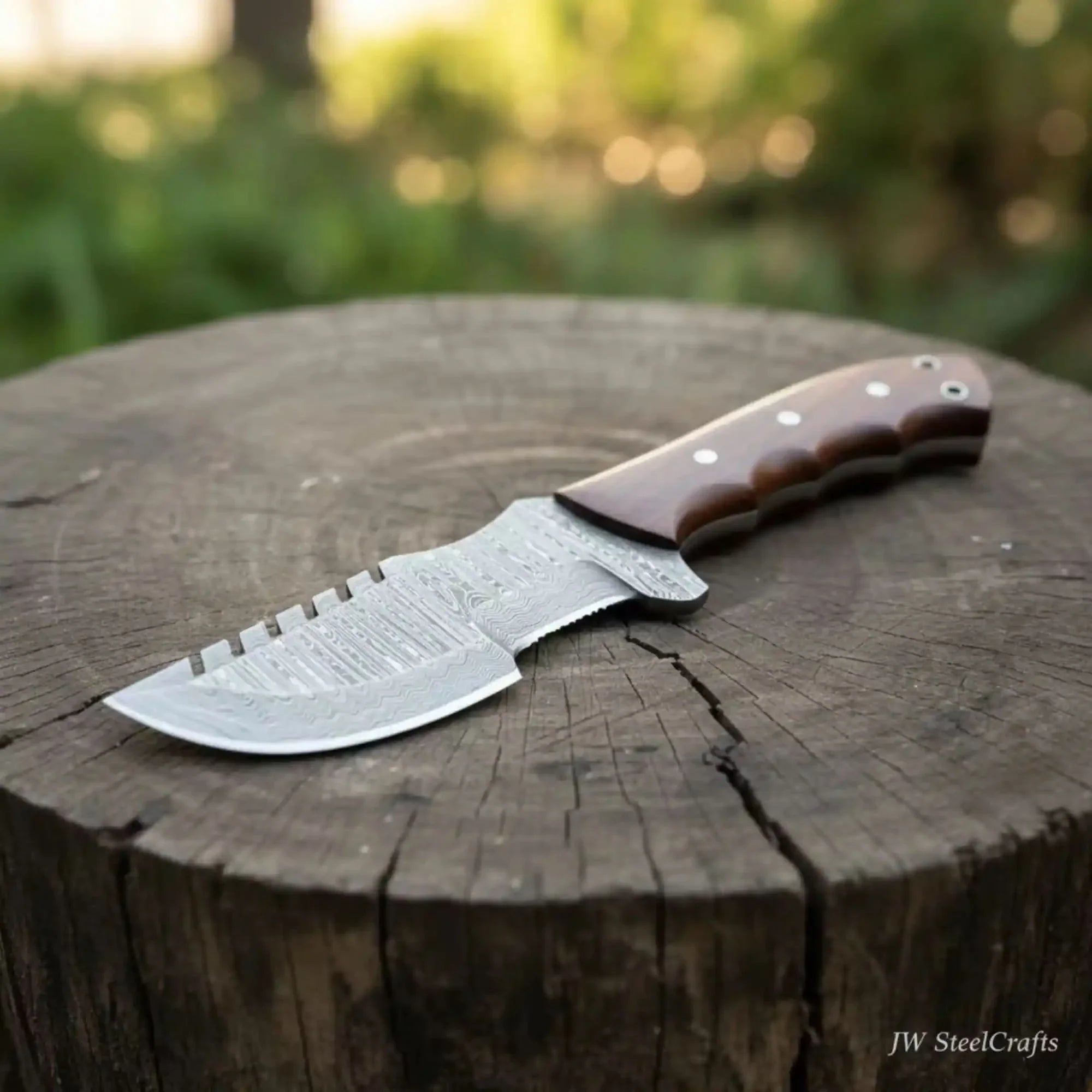 Damascus Tracker Knife Multi Edge Fixed Blade Sawback Outdoor Tool
