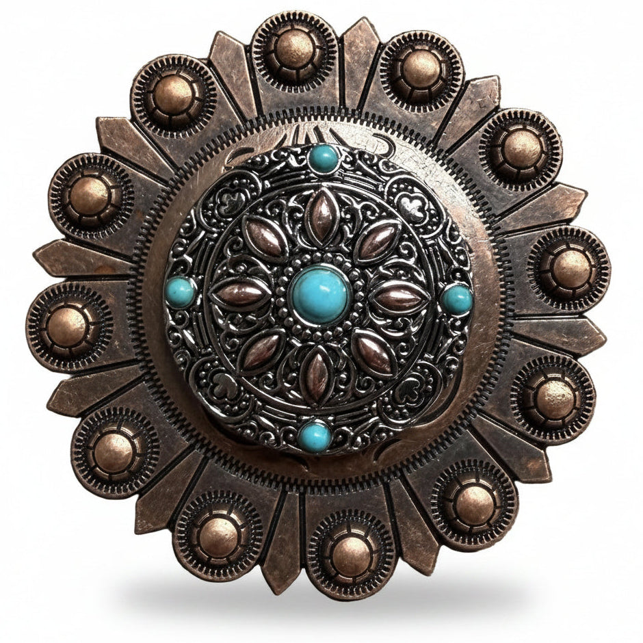 Antique Silver with Copper Petals and Turquoise Western Concho W246 — view 4