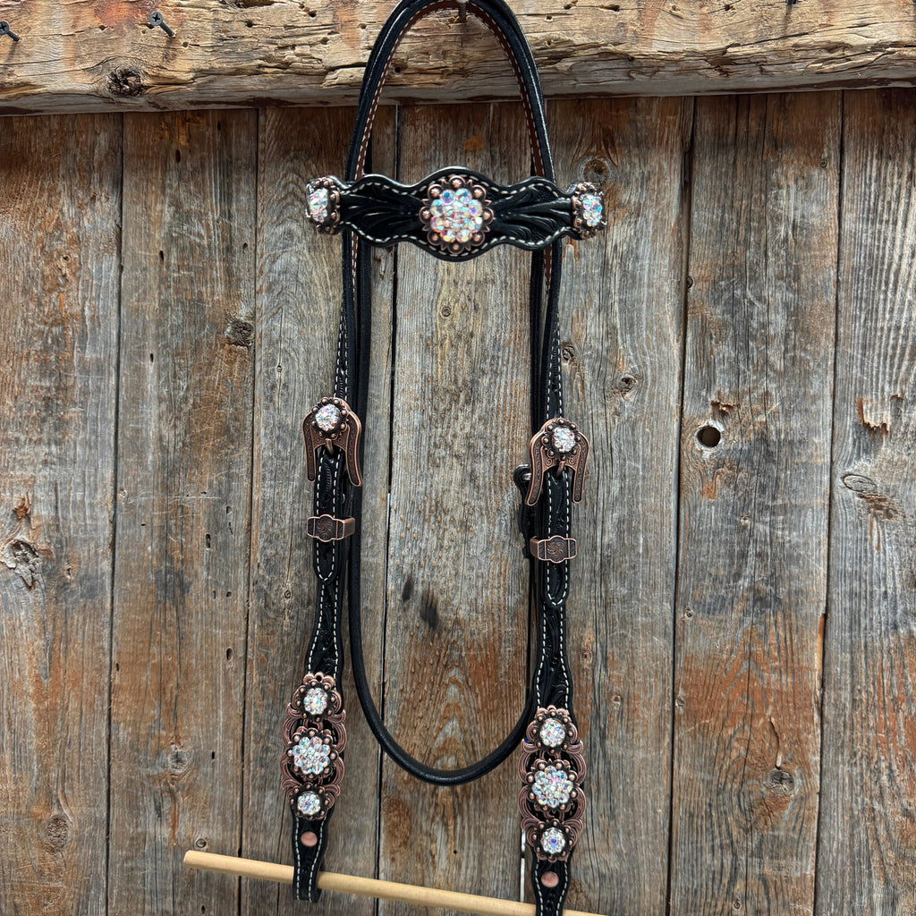 Black Floral AB Browband | One Ear Tack Set #BBBC501 — view 3
