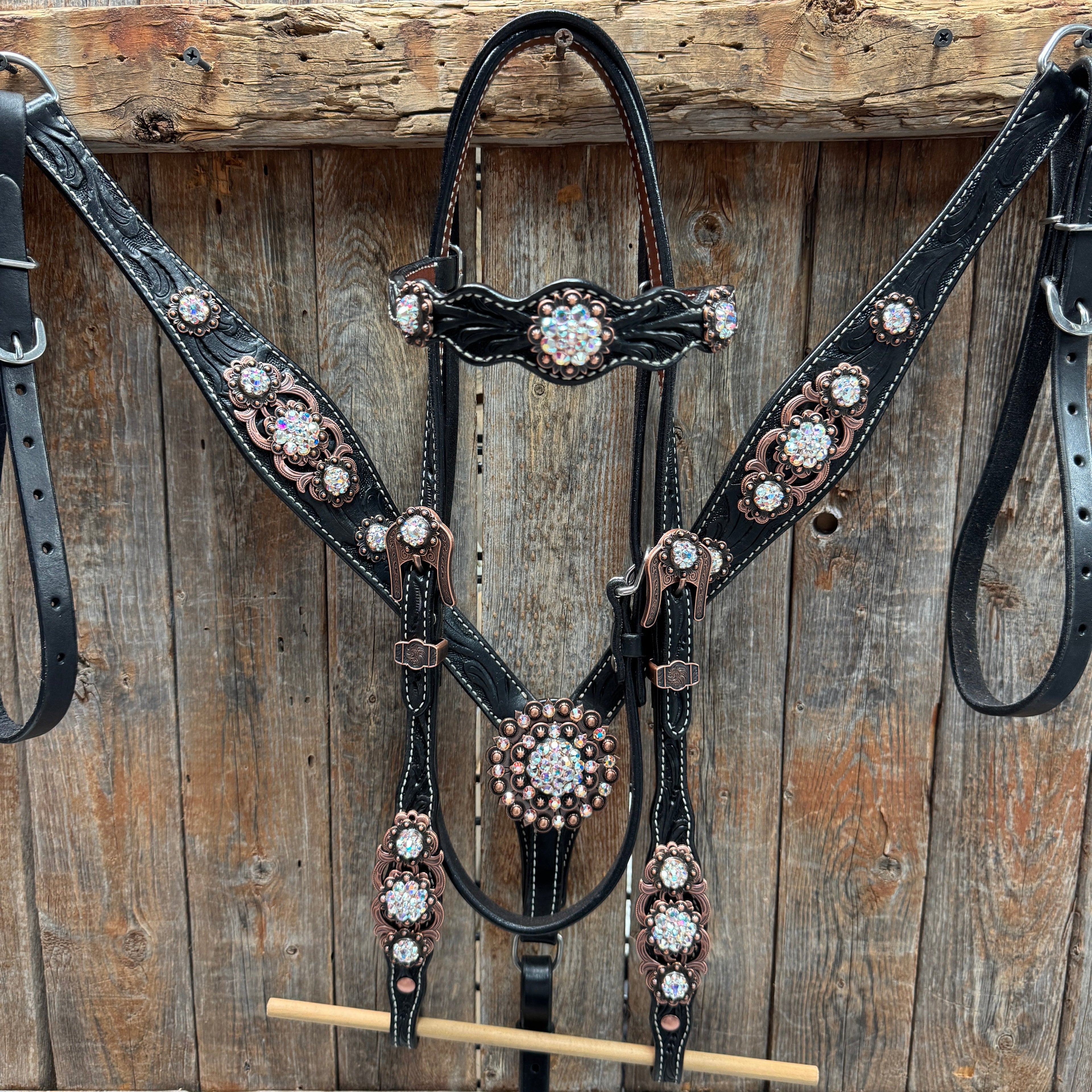 Black Floral AB Browband | One Ear Tack Set #BBBC501