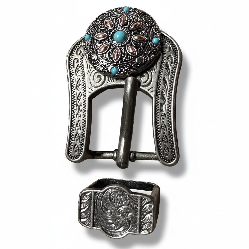 Antique Silver with Copper Petals and Turquoise Western Concho W246 — view 7