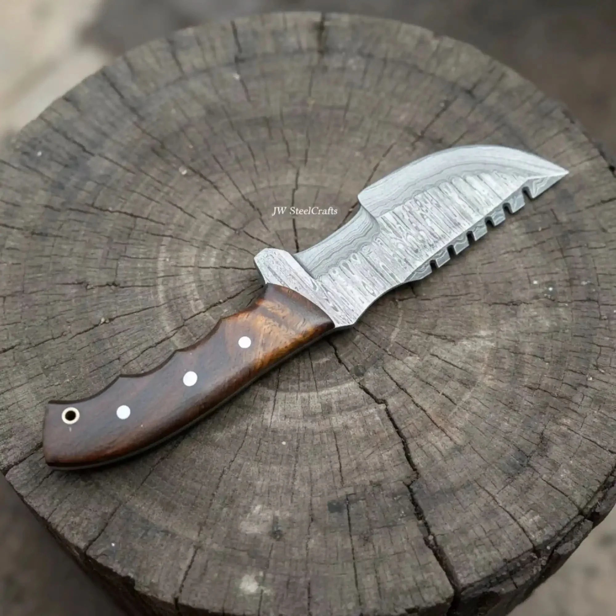 Damascus Tracker Knife Multi Edge Fixed Blade Sawback Outdoor Tool