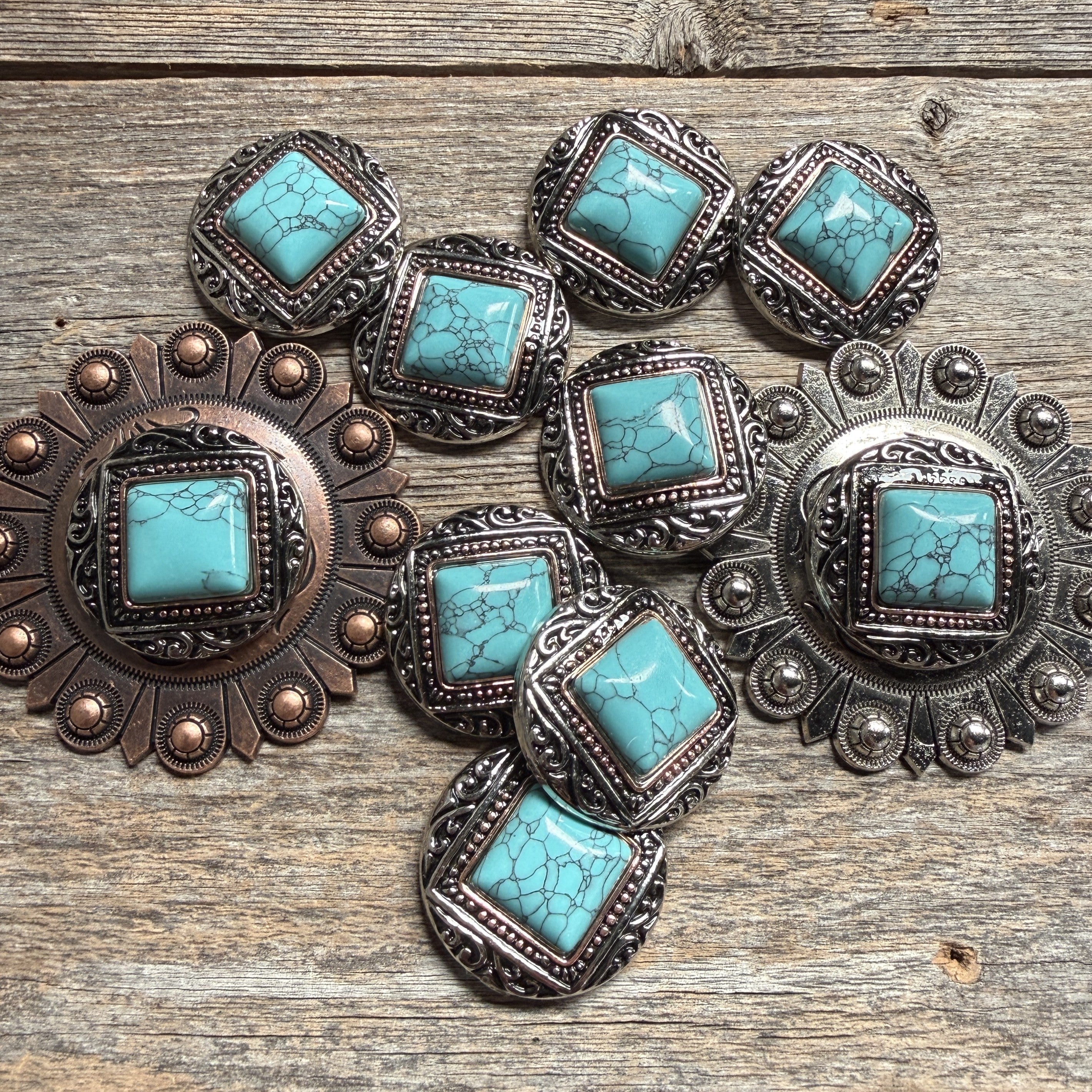 Antique Silver and Copper Dot Turquoise Concho W258