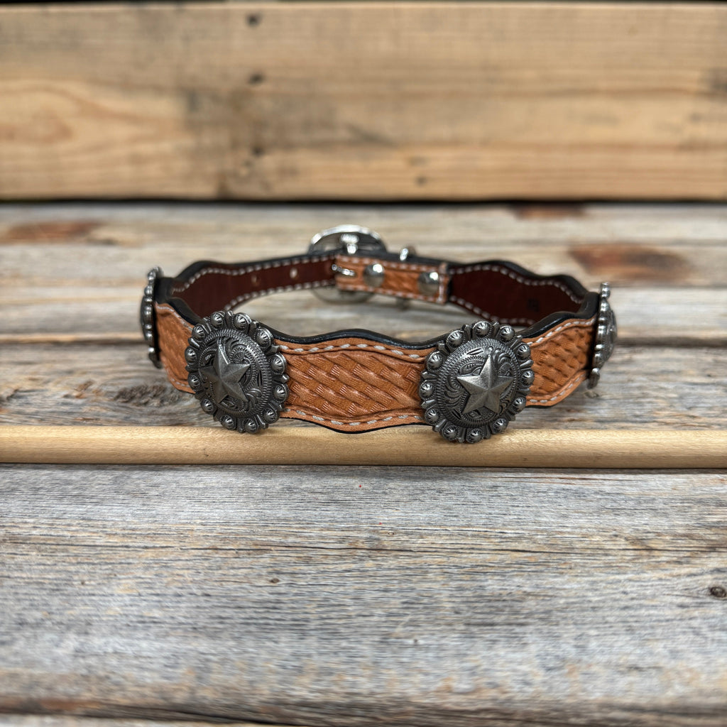 Genuine Leather Dog Collar With Antique Silver Star Concho 12" to 22" W174L | DC9 — view 2