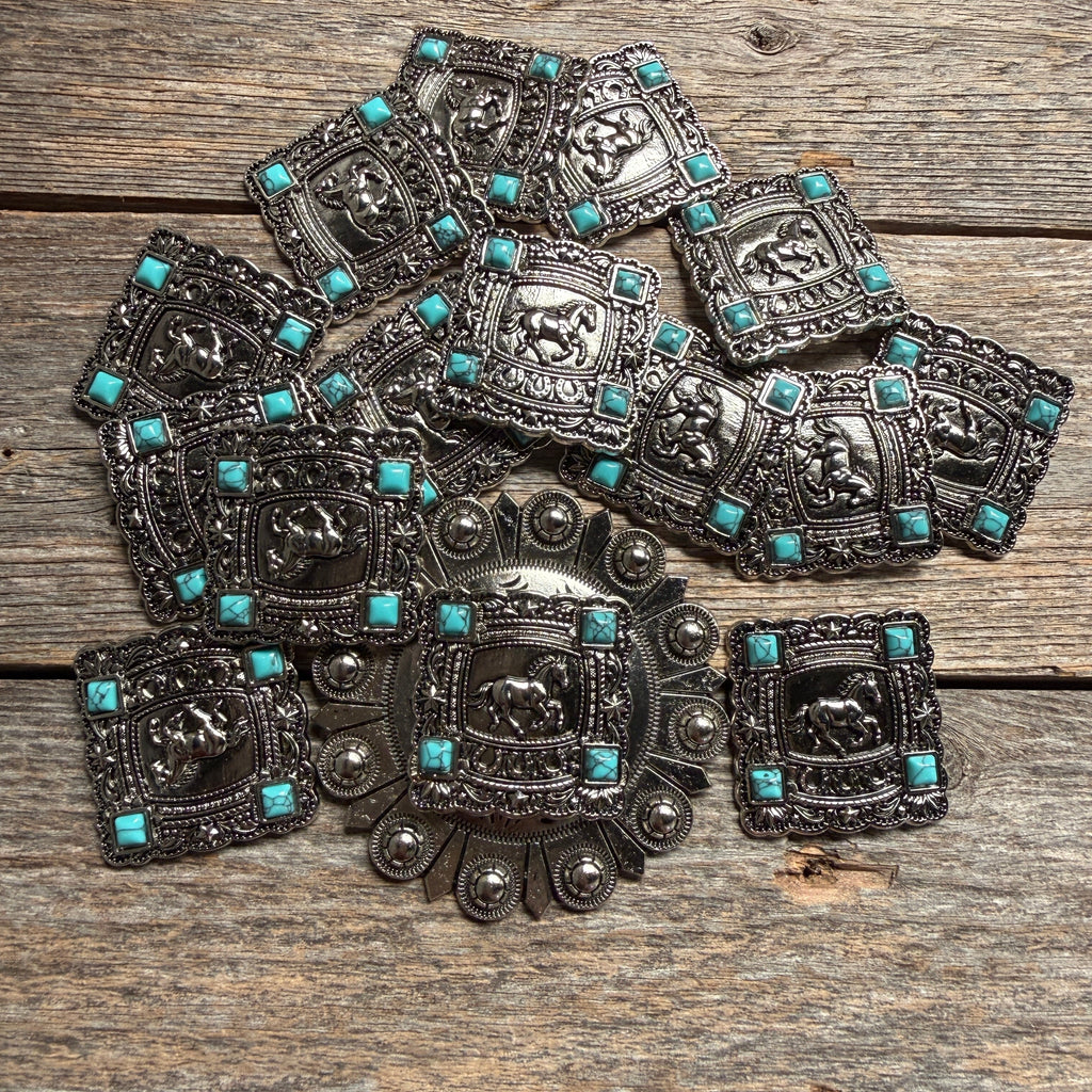 Antique Silver Horse and Turquoise Square Concho W259