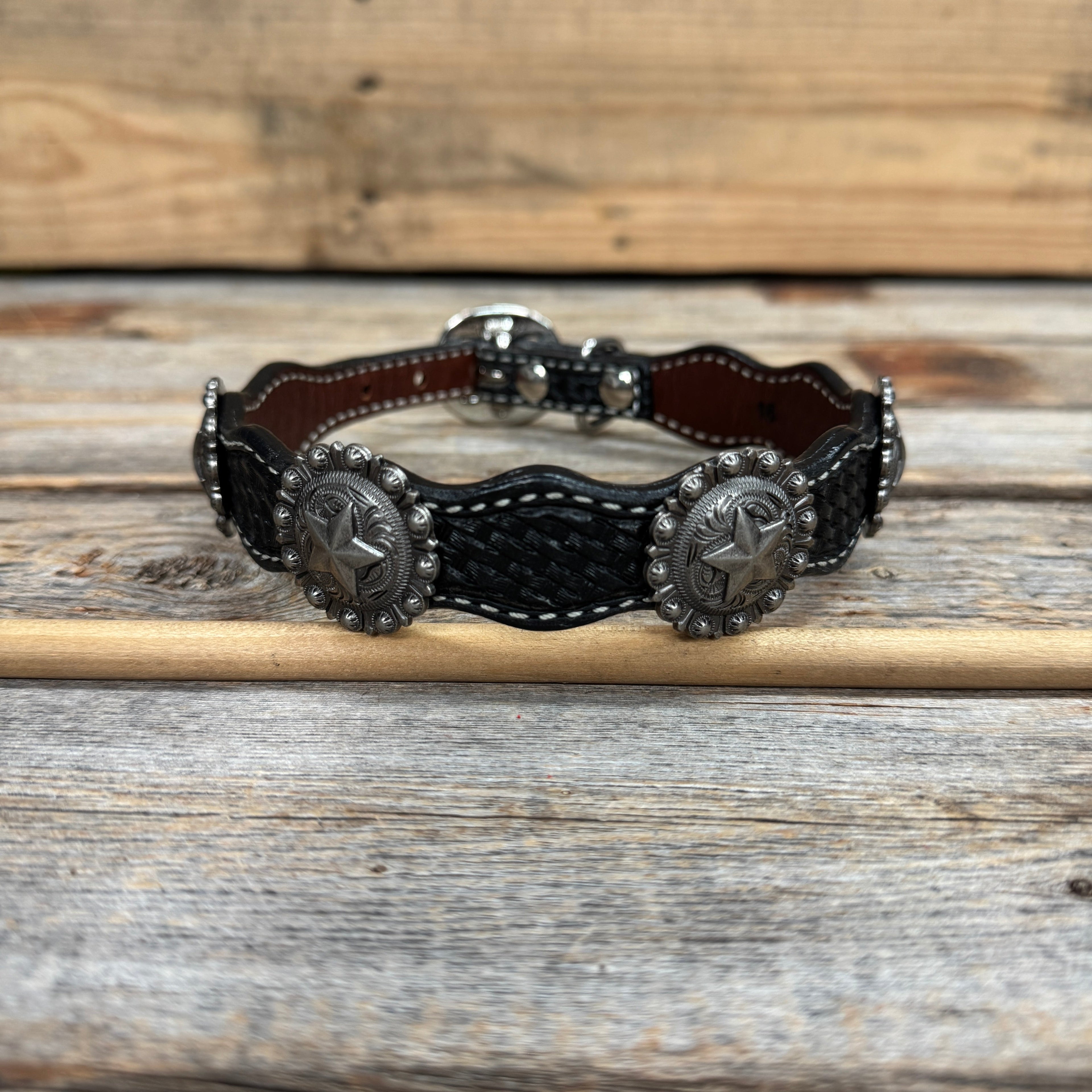 Genuine Leather Dog Collar With Antique Silver Star Concho 12" to 22" W174L | DC9 — view 4