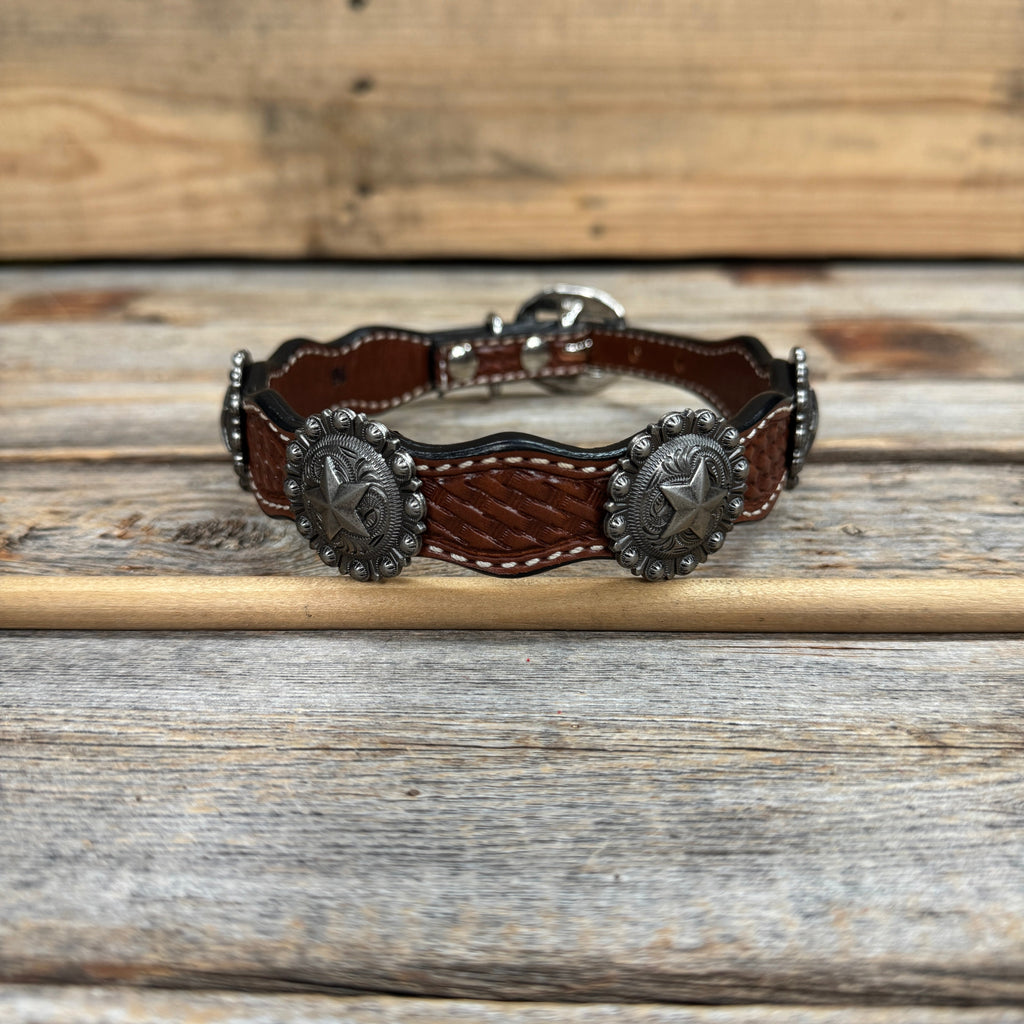 Genuine Leather Dog Collar With Antique Silver Star Concho 12" to 22" W174L | DC9 — view 3