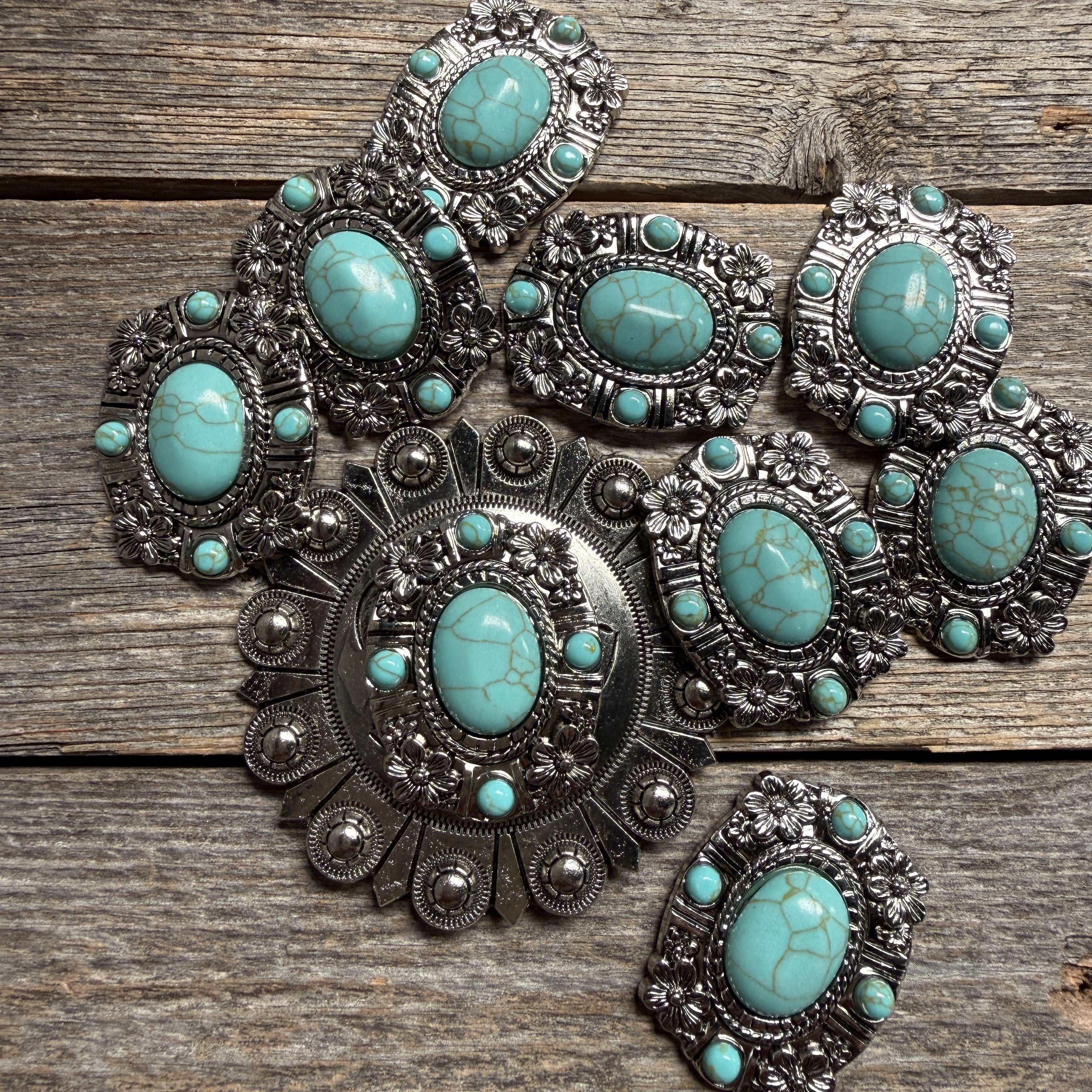 Antique Silver Floral and Turquoise Concho W260