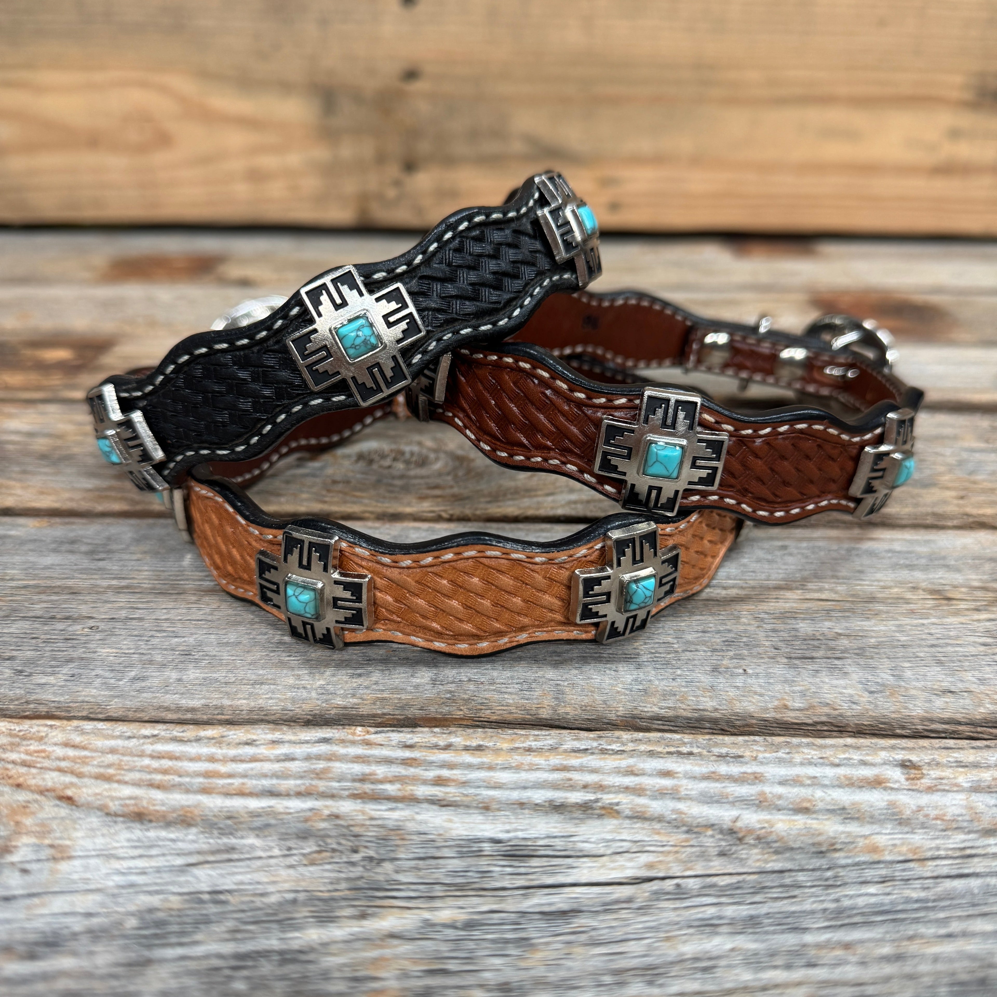 Genuine Leather Dog Collar or Leash With Antique Silver Southwest Conchos 12" to 22" W201S | DC79 — view 2