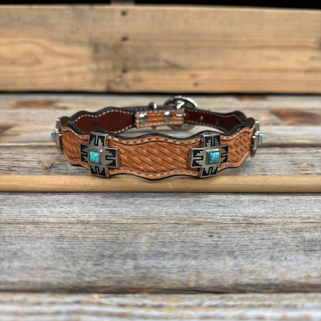 Genuine Leather Dog Collar or Leash With Antique Silver Southwest Conchos 12" to 22" W201S | DC79 — view 3