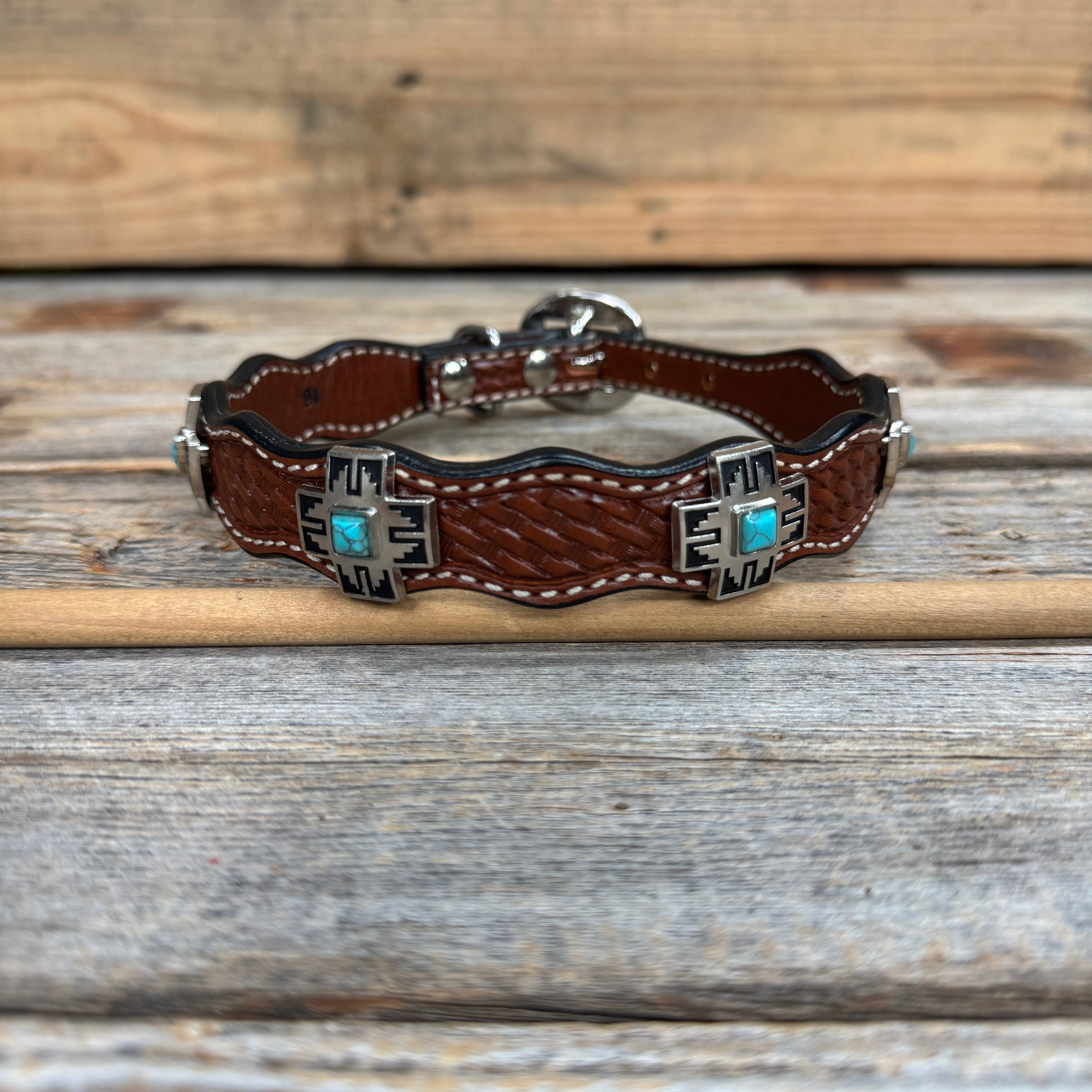 Genuine Leather Dog Collar or Leash With Antique Silver Southwest Conchos 12" to 22" W201S | DC79 — view 4