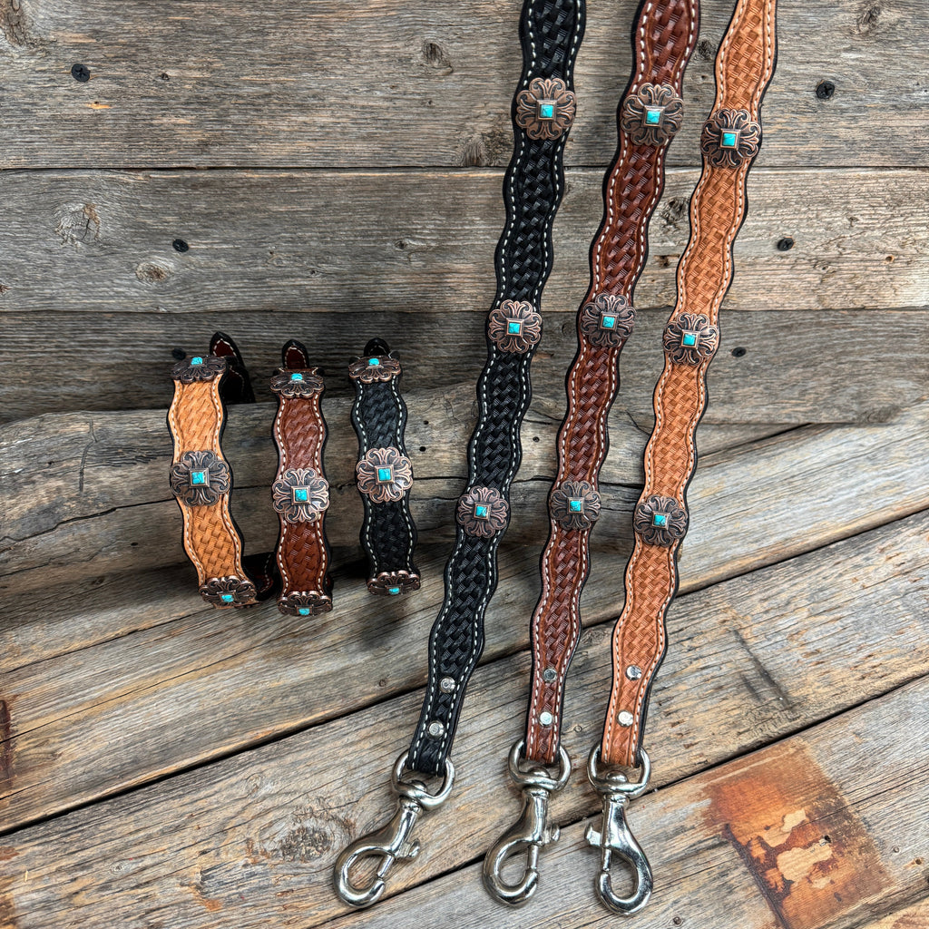 Genuine Leather Dog Collar or Leash With Copper Fleur De Lis Conchos 10" to 22" W141S -DC55