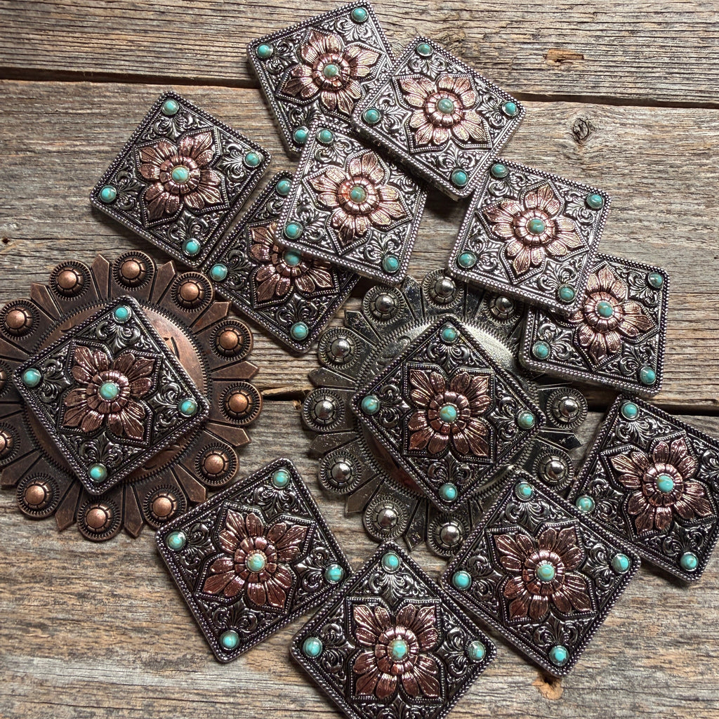 Antique Silver and Copper Square Floral Concho #W265
