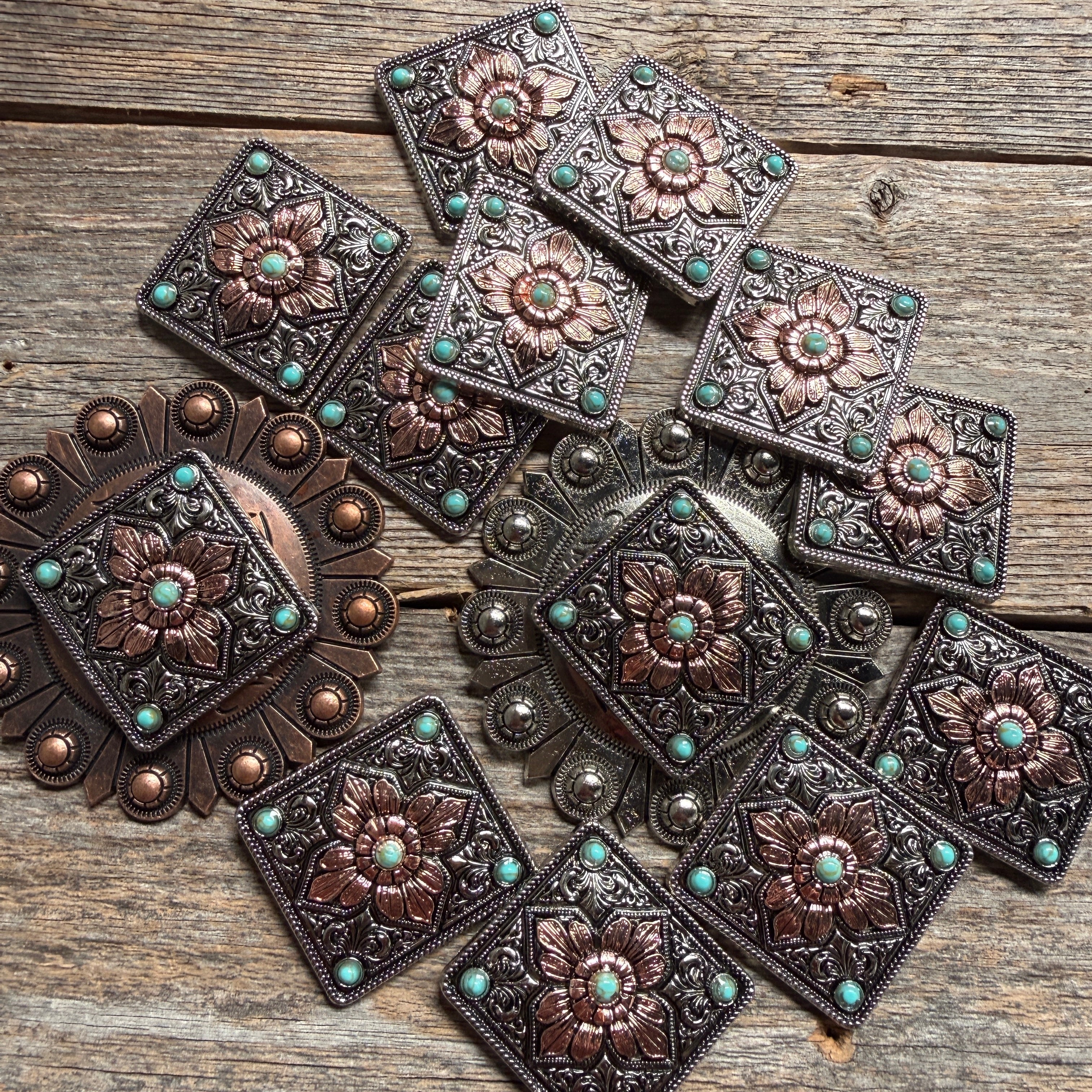 Antique Silver and Copper Square Floral Concho #W265