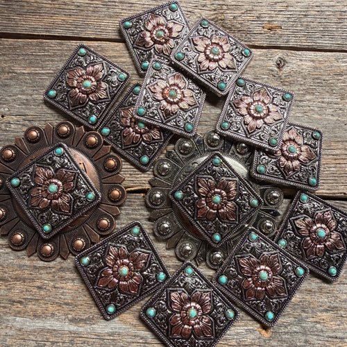 Antique Silver and Copper Square Floral Concho #W265