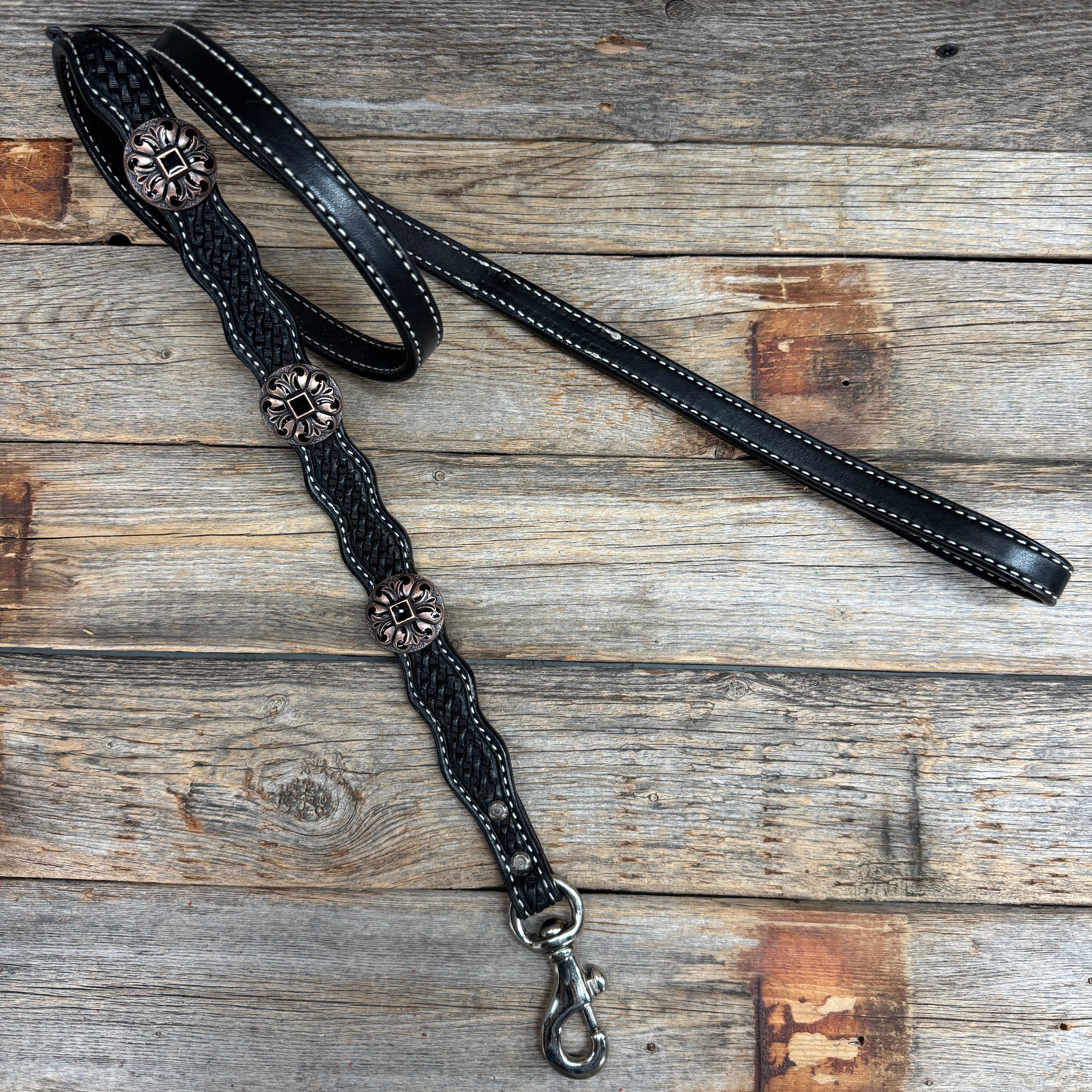 Genuine Leather Dog Collar or Leash With Black Fleur De Lis Conchos 10" to 22" W241 -DC73 — view 8