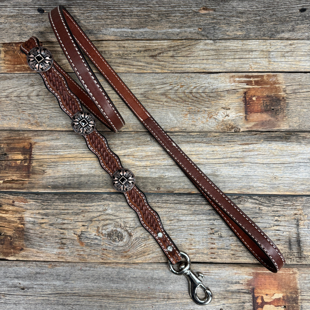 Genuine Leather Dog Collar or Leash With Black Fleur De Lis Conchos 10" to 22" W241 -DC73 — view 7