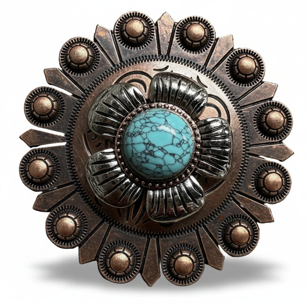 Antique Silver and Copper Turquoise Flower Concho W267 — view 3