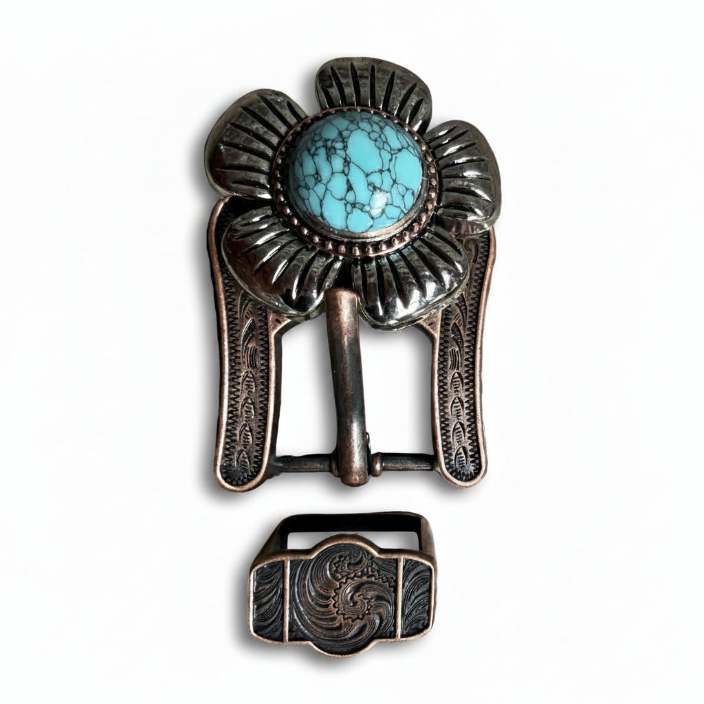 Antique Silver and Copper Turquoise Flower Concho W267 — view 5