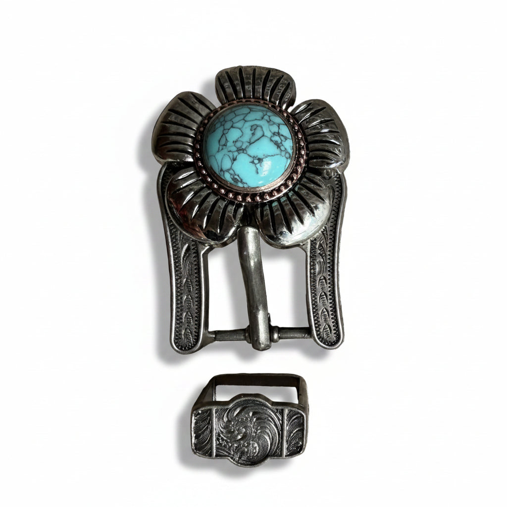 Antique Silver and Copper Turquoise Flower Concho W267 — view 6