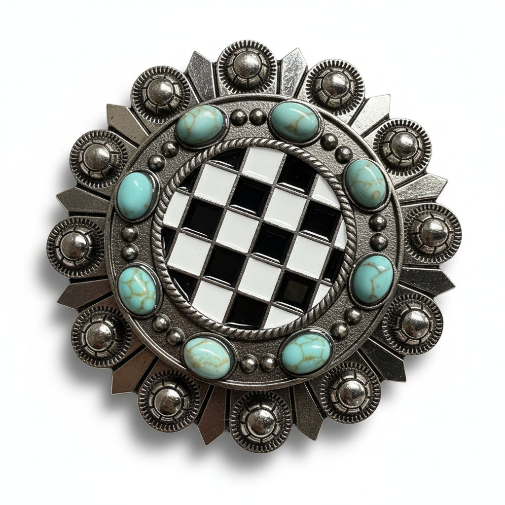 Black and White Checkered Turquoise Concho #W273 — view 4