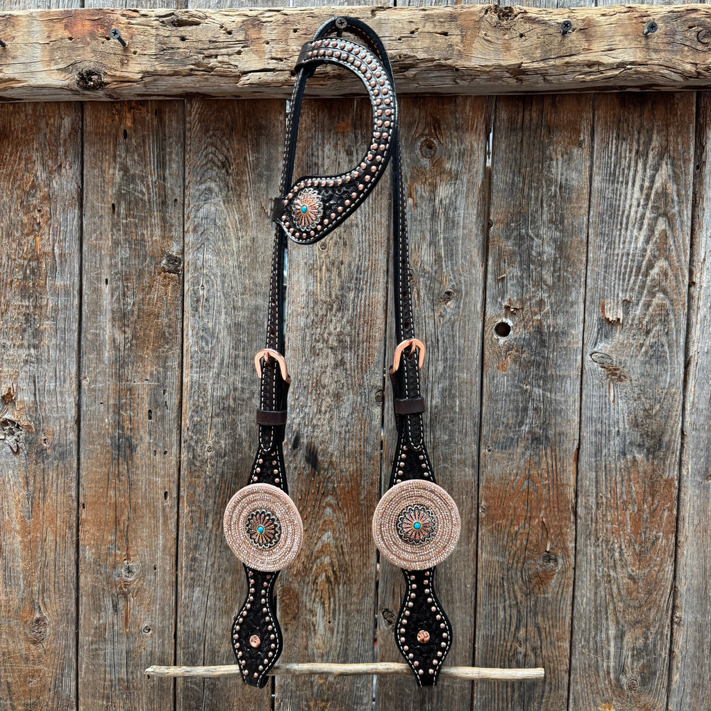 Copper Dot Honeycomb Floral and Rhinestone One Ear Tack Set #OEBC660 — view 2
