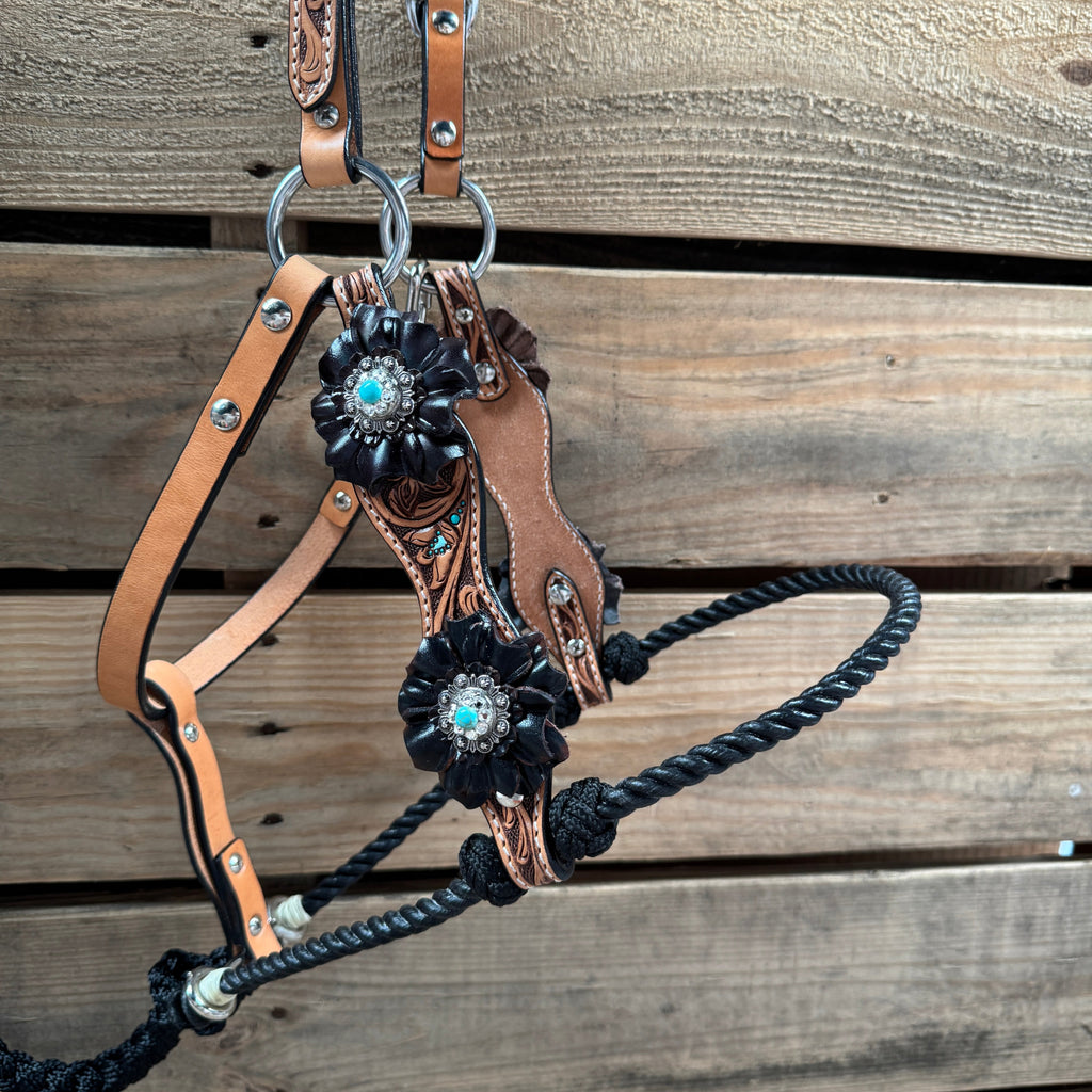 Floral Tooled Lariat & Leather Combo Halter #LH106 — view 2