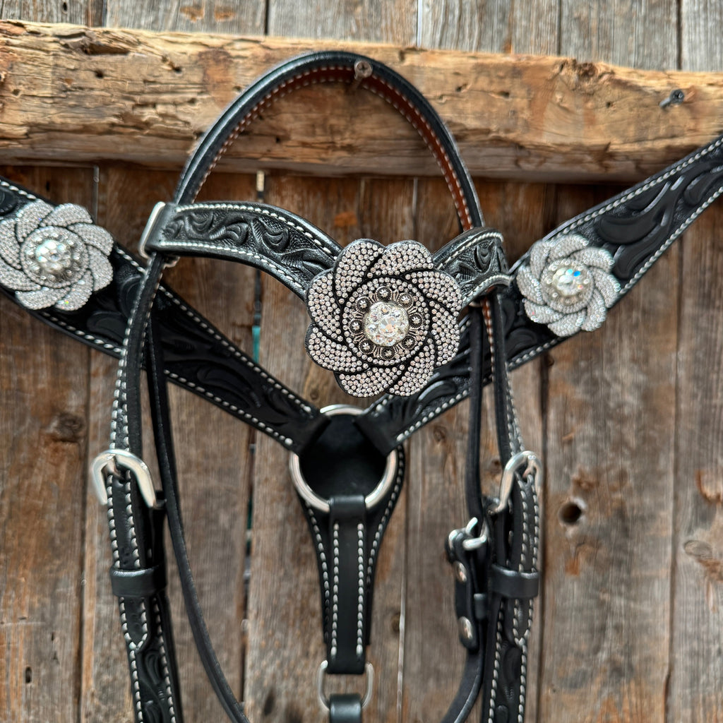 Pony Black Floral Clear Rhinestone V-Browband Tack Set #BBBC665P — view 3