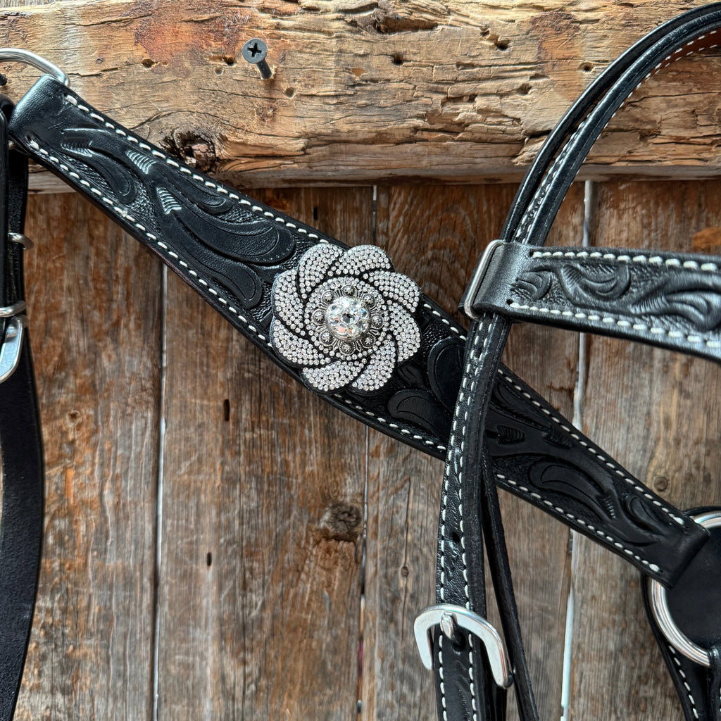 Pony Black Floral Clear Rhinestone V-Browband Tack Set #BBBC665P — view 4