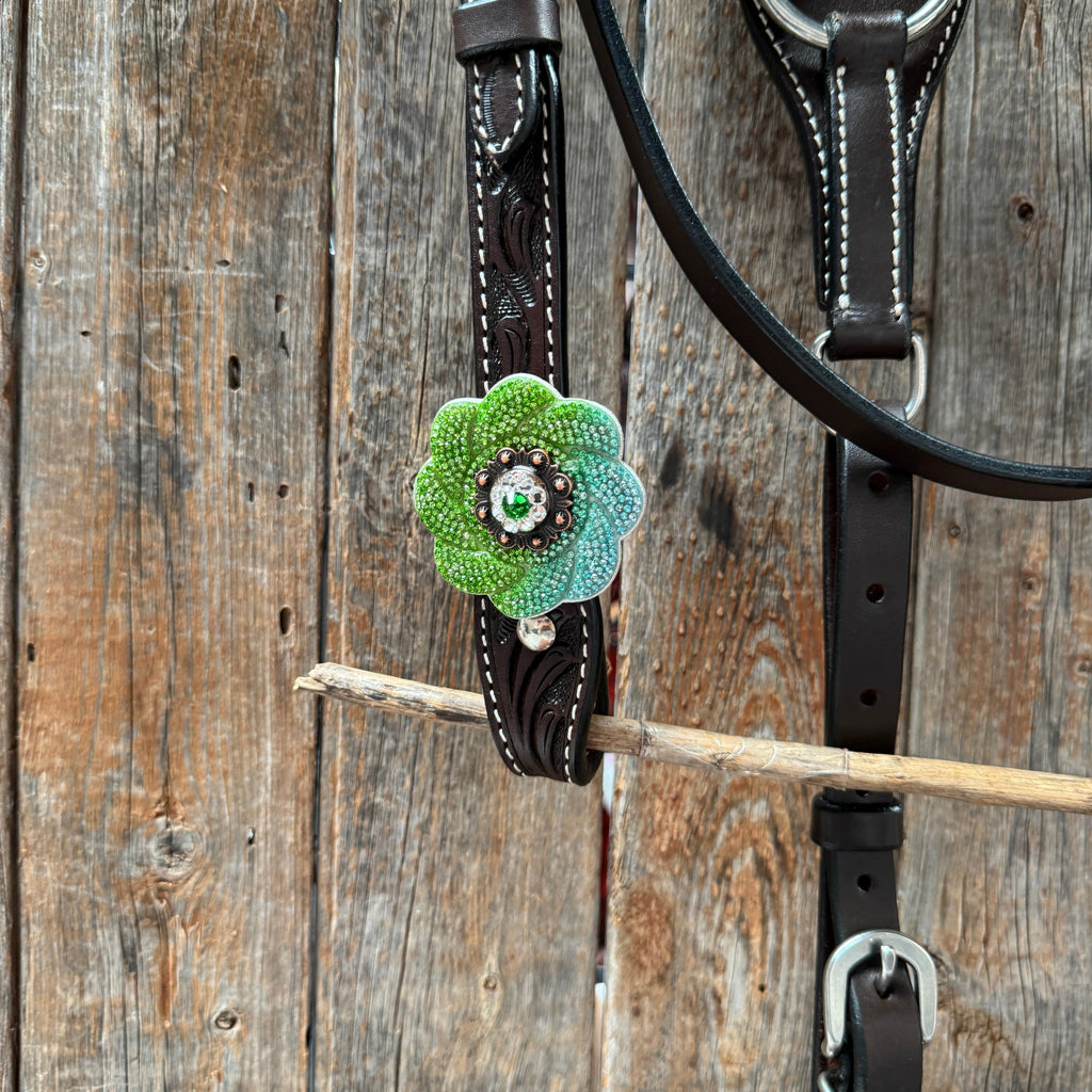 Pony Dark Oil Floral Blue and Green Rhinestone V-Browband Tack Set #BBBC666P — view 2