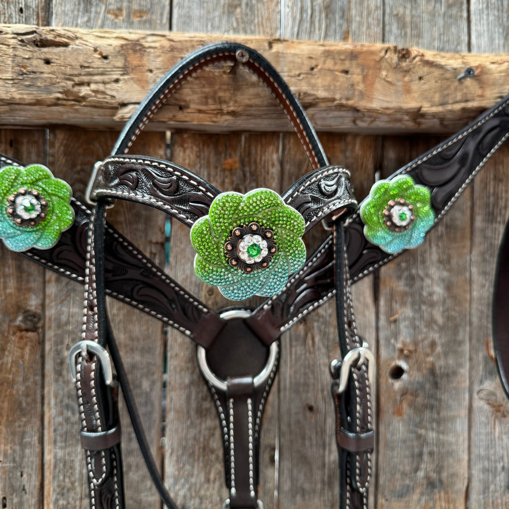 Pony Dark Oil Floral Blue and Green Rhinestone V-Browband Tack Set #BBBC666P — view 3