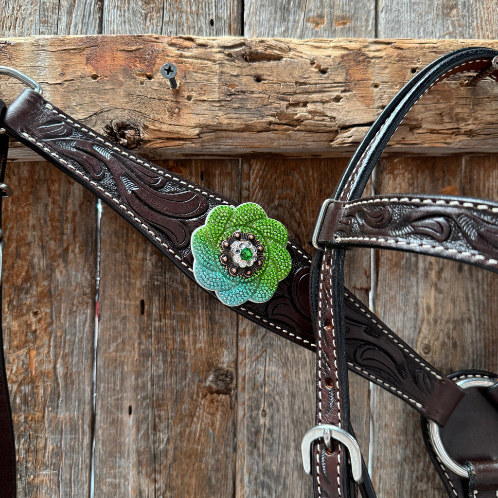 Pony Dark Oil Floral Blue and Green Rhinestone V-Browband Tack Set #BBBC666P — view 4
