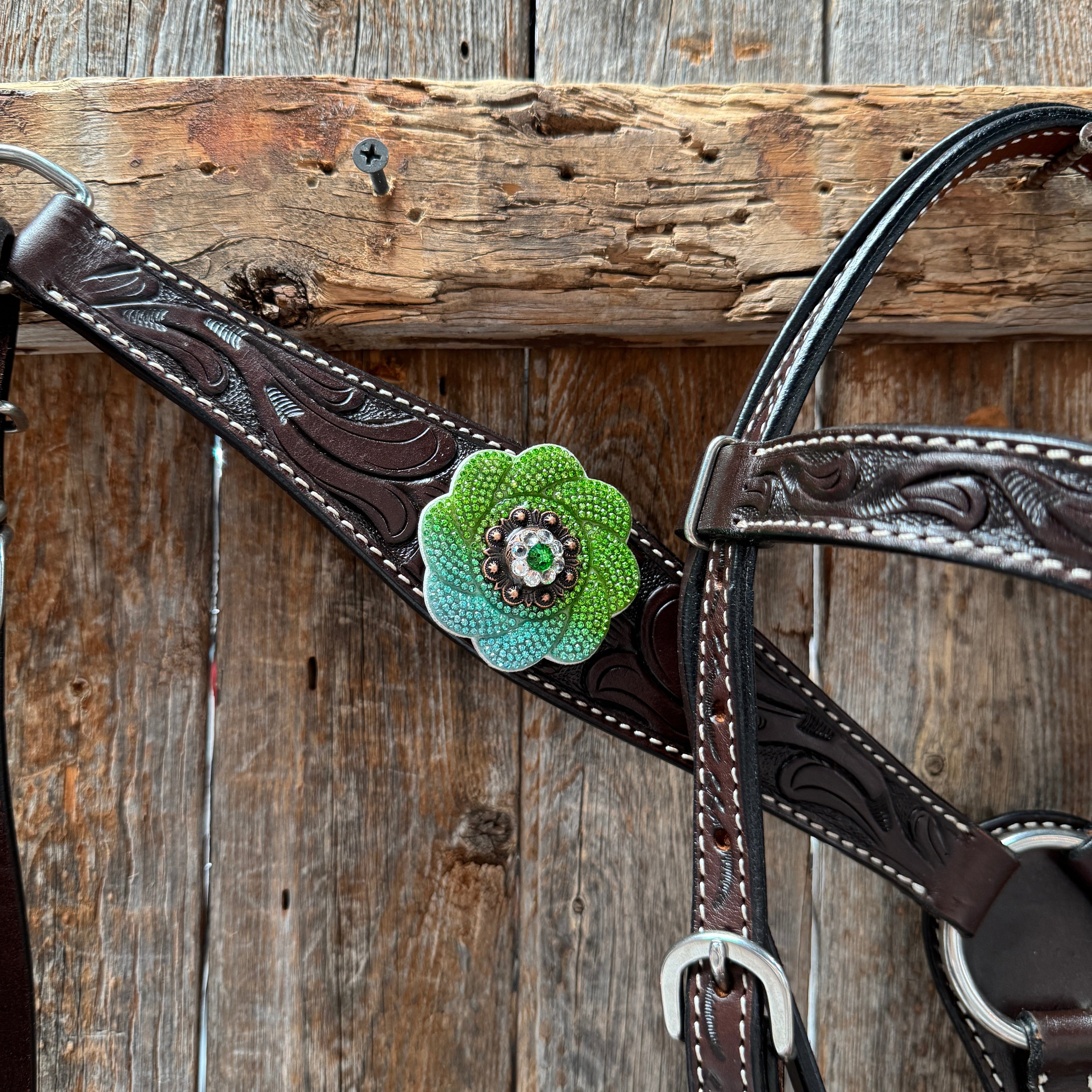 Pony Dark Oil Floral Blue and Green Rhinestone V-Browband Tack Set #BBBC666P — view 4