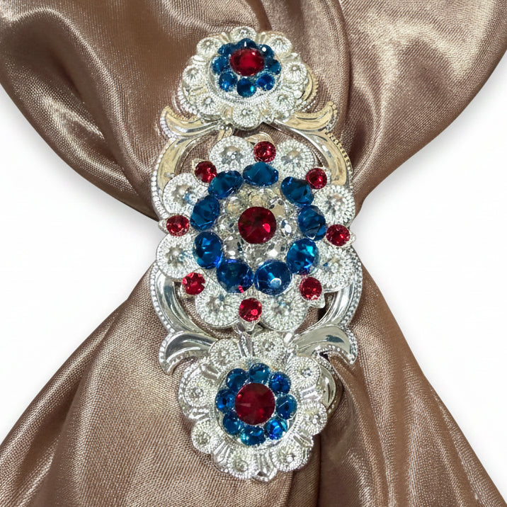Bright Silver Red - White - Blue Crystal Conchos | Sizes 1"- 3" | Buckles | Saddle Set | Leather Rosettes | Slide — view 12