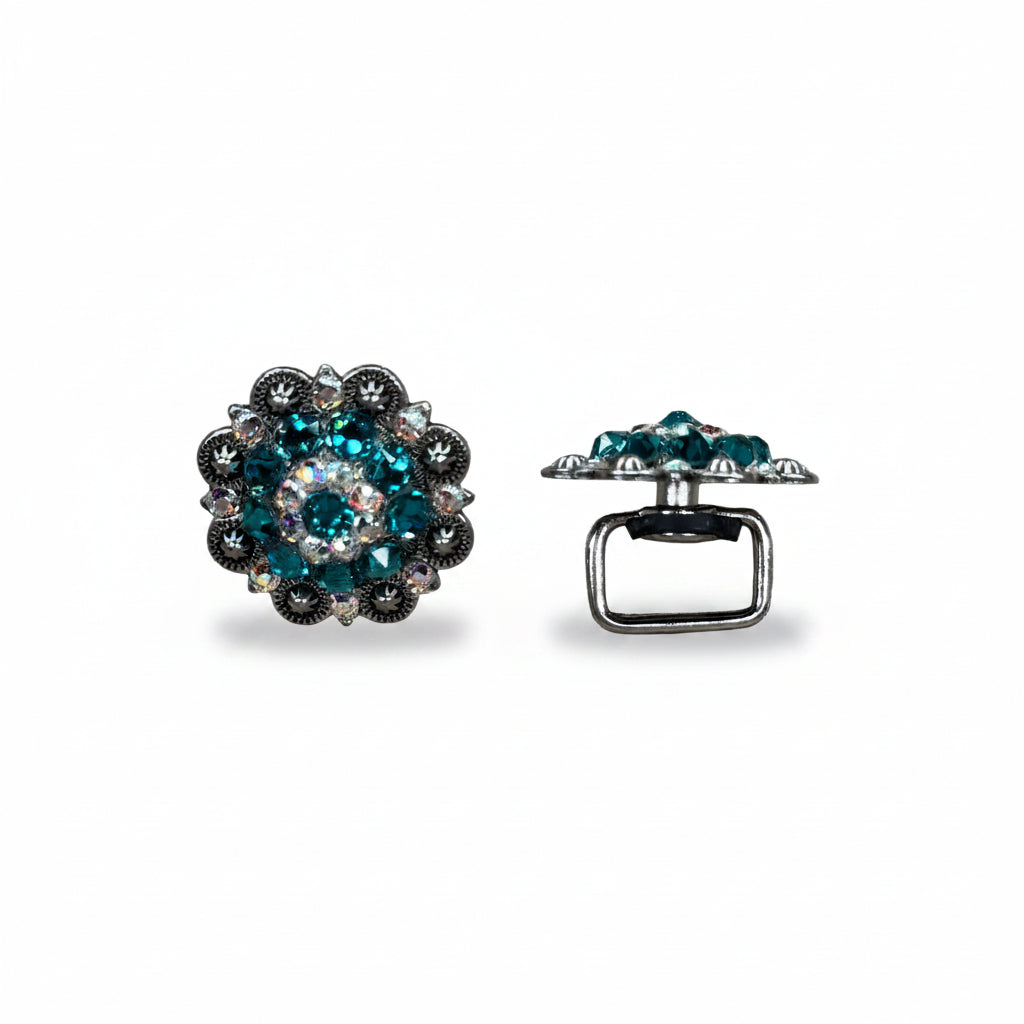 Antique Silver Teal - AB Crystal Conchos | Sizes 1"- 3" | Buckles | Saddle Set | Leather Rosettes | Slide — view 14