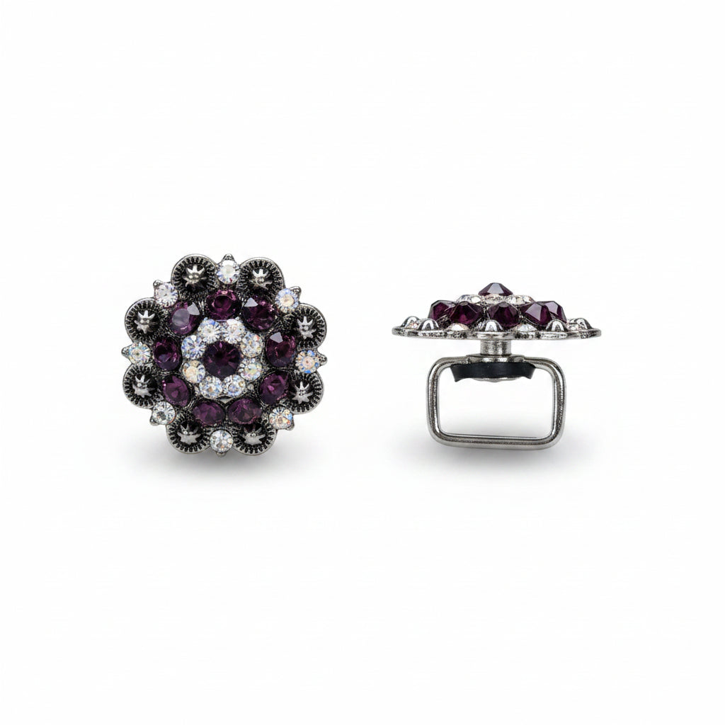 Antique Silver Amethyst - AB Crystal Conchos | Sizes 1"- 3" | Buckles | Saddle Set | Leather Rosettes | Slide — view 14